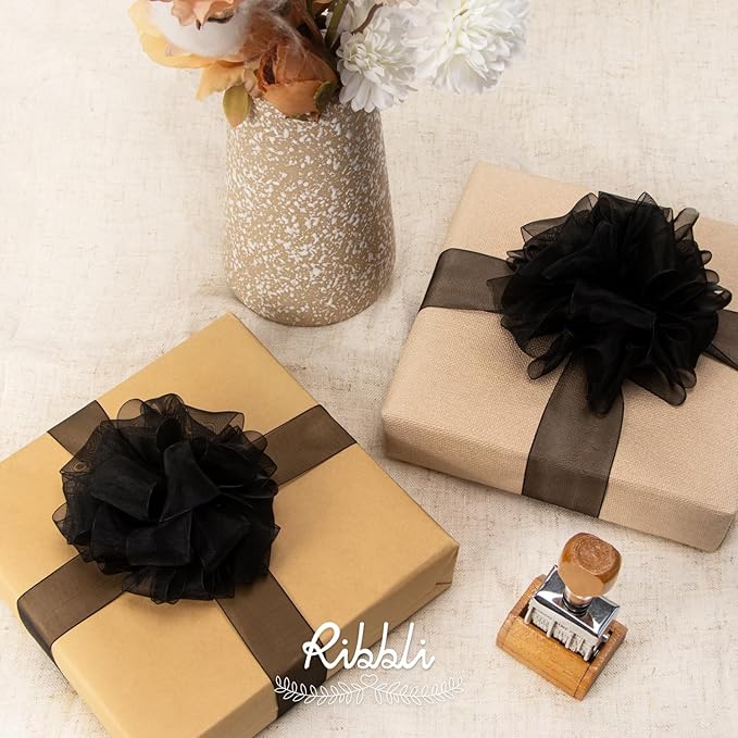 Ribbli Black Sheer Organza Ribbon,1 Inches x Continuous 50 Yard Use for Gift Wrapping,Bouquet Wrapping,Wedding Decoration,All Crafting and Sewing