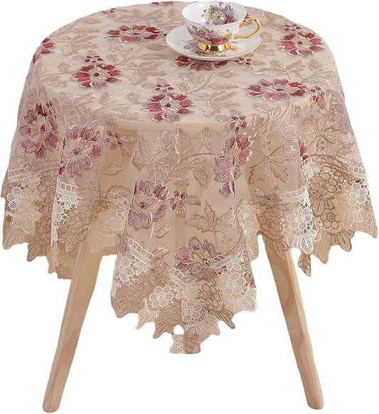 Round Embroidered Lace Tablecloth Vintage Decorative Exquisite Border Table Cover for Party Wedding Home Decorations, Round-70 inch, Red