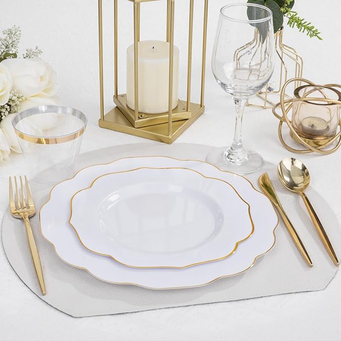bUCLA 180PCS White and Gold Plastic Plates Disposable - White with Gold Rim Dinnerware Set Include 30 Guests Dinner & Dessert Plates, Cups, Cutlery Set for Wedding, Party & Thanksgiving Table Decor