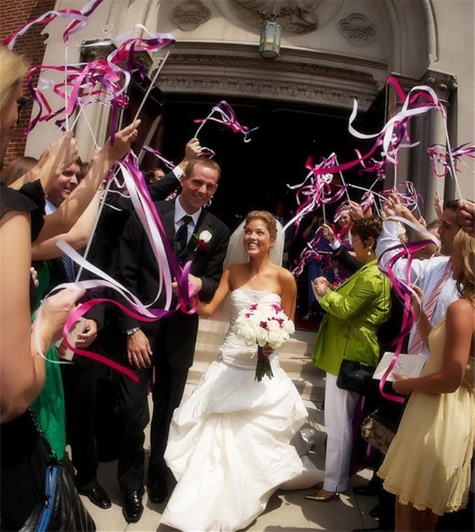 100PCS Ribbon Stick Wands Wedding Streamers with Silk Fairy Stick Wand for Wedding Party Baby Shower Send Off Party Activities Holiday Celebration Favors (Purple-100PCS)