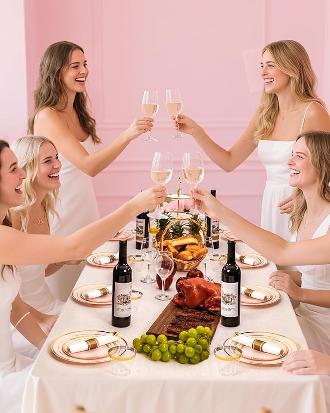 350PCS Pink Plastic Dinnerware Set, Disposable Party Plates for 50 Guests, Include: 100 Pink and Gold Plastic Plates, 50 Pre Rolled Napkins with Gold Silverware, 50 Cups for Wedding, Christmas