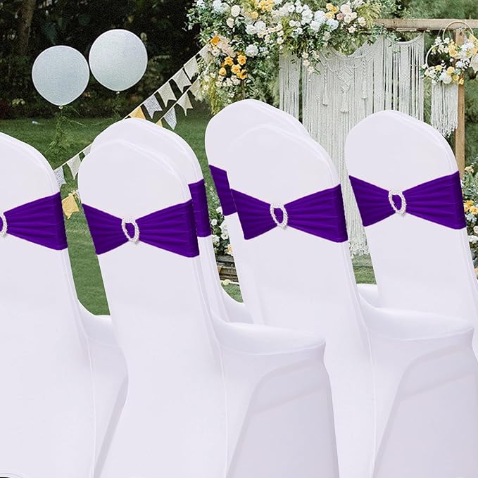 Howhic Pack of 30 Spandex Chair Sashes Bows Stretch Chair Cover Band with Buckle Slider Universal Elastic Chair Ties for Wedding Banquet Party Event Decoration (Purple)