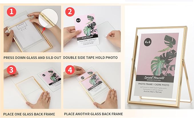 Gold 6x8''Floating Frame Set of 2,For Photo Sizes (3.5x5''4x6''5x7''),Metal Frames for Tabletop/Shelf Display,Classy Gift Choice for Wedding,Birthady,Home or Office Decor