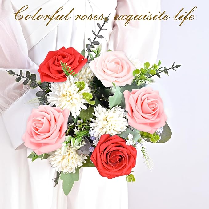 BLEUM CADE 16Pcs Artificial Flowers Fake Roses with Stems, Gradient Red & Pink Boxed Foam Roses for DIY Bouquets Centerpieces Wedding Party Arrangement Bridal Shower Decor