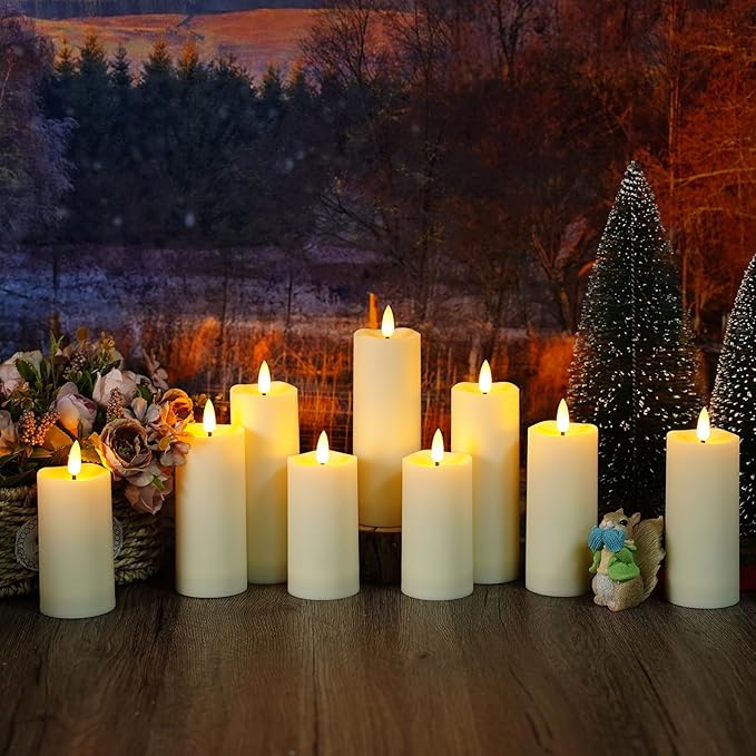 Plastic Waterproof Outdoor flameless Candles, LED Candles, with Remote Control and Timer, Battery-Powered Candles, Suitable for Camping, courtyards and Home Decoration,Set of 9（Ivory）