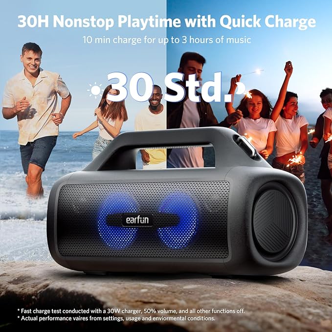 EarFun UBOOM X Portable Bluetooth Speaker, 80W Stereo with JumboBass, IP67 Waterproof Outdoor Speaker, RGB Light, 30H Playtime, Custom EQ, Bluetooth 5.3 Speakers for Outdoor, Camping, Beach
