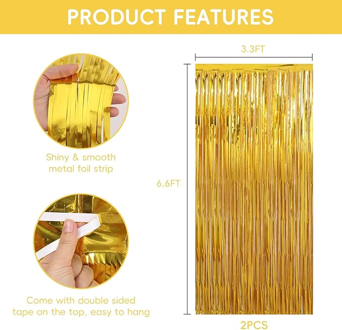 2 Pack Gold Christmas Streamers Party Decorations Gold Tinsel Backdrop Supplies Foil Curtain Backdrop for Baby Shower Birthday Bachelorette Wedding Engagement Holiday Celebration Party Decorations
