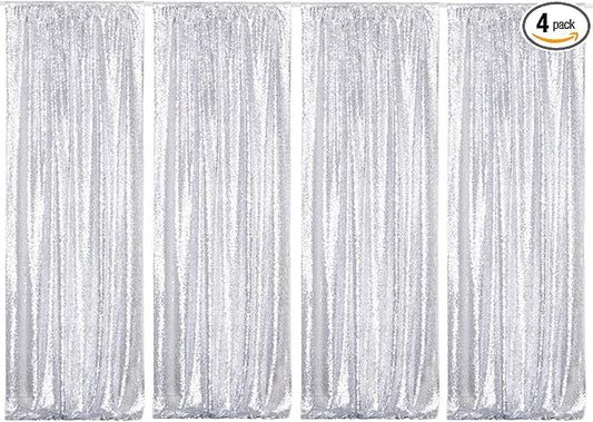 Poise3EHome Silver Sequin Backdrop Curtains,4 Panels 2FTx8FT Glitter Background for Party Birthday Party Baby Shower Wedding Christmas Thanksgiving Halloween Holiday Festival Decor