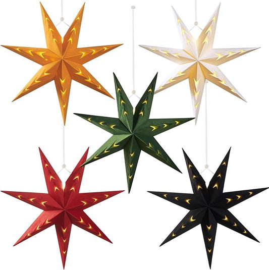 EASY JOY 5-Piece 7-Pointed Paper Star Decoration With Light - 12 Inch 3D Paper Star Lantern for Christmas, Home, Party, Wedding, Birthday
