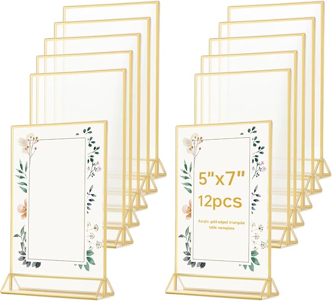 12 Pack Gold Acrylic Sign Holder 5 x 7 inch, Double Sided Gold Picture Frame Stand up Table Top Sign Holders, Wedding Table Number Frames Vertical for Party, Home, Office(5 x 7inch)