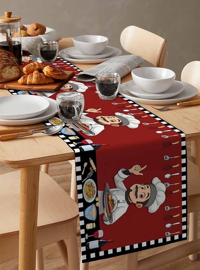 Red Chef Gourmet Cotton Linen Table Runner for Dining Kitchen, Wedding Outdoor Party Tablerunners Decoration, Black White Check Plaid Funny Kitchen Dresser Scarf Coffee Tablecloth Runners 13''x120''