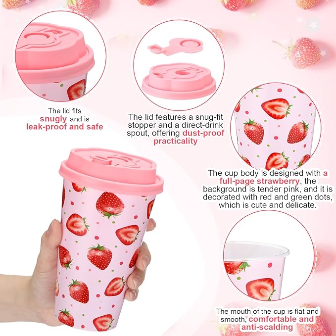 Yungyan 24 Sets Strawberry Party Favors Goodie Cups with Lids and Straws for Birthday Decorations Reusable 16oz Plastic Candy Cups Plastic Straws for Birthday Party (Strawberry)