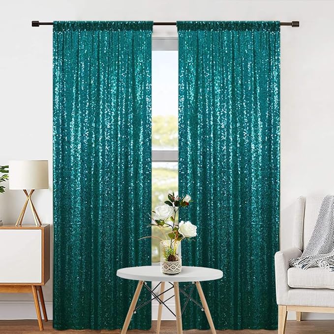 Eternal Beauty Teal Sequin Backdrop Curtains, Shimmer Back Drop 2Panels-2FTx8FT for Christmas, Party, Birthday, Photography, Wedding, Baby Shower Event Decoration
