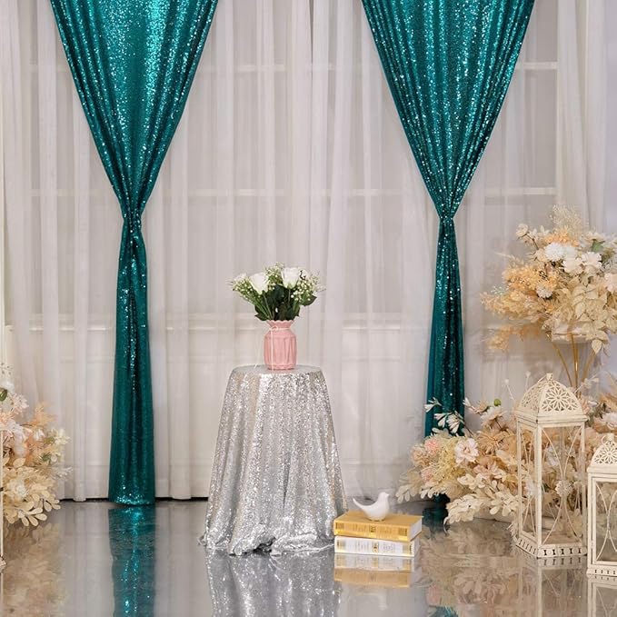 Juya Delight Teal Sequin Backdrop Curtain,4PCS 2FTx8ft Glitter Backdrop Curtain for Party,Birthday,Christmas Wedding Decoration,