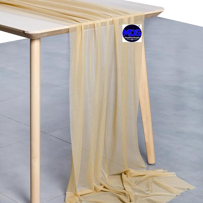 MDS 15 Pack 10ft Chiffon Table Runner 29 x 120 Inches Sheer Wedding Runner Romantic Rustic Table Runner for Wedding Decorations, Birthday Parties, Bridal Shower Party Arch Decor - Champagne Gold
