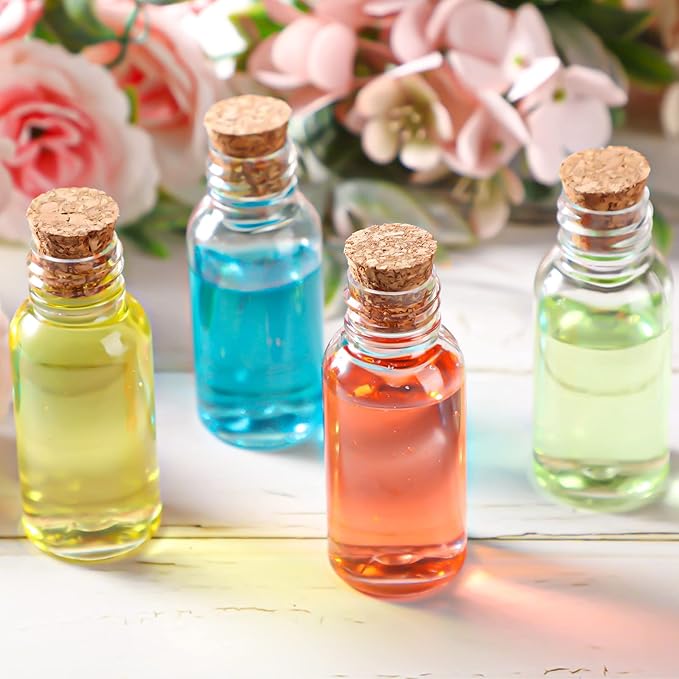 Sabary 100 Pack 1oz Plastic Potion Bottles with Cork Stoppers Mini Sand Art Bottles Tiny Cork Vial Small Jar with Funnel for Art DIY Craft, Essential Oil, Message, Wedding Party Favor