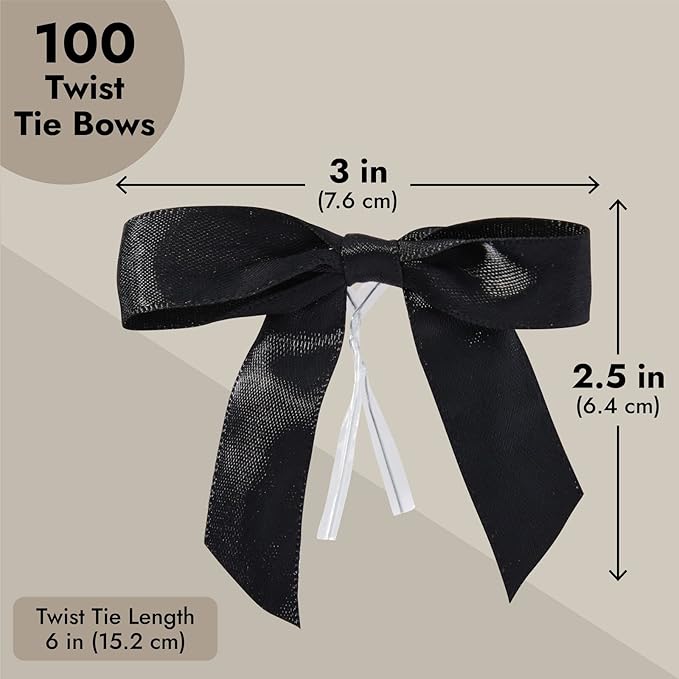Juvale Gift Bows with Twist Ties - Mini Bows for Crafts & Wrapping - Pre-Tied Satin Polyester Ribbon for Treat Bags & Balloons - 3-Inch, Black, 100 Pack