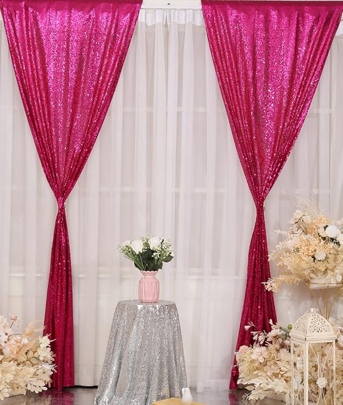 Poise3EHome Hot Pink Sequin Backdrop Curtains, 2 PCS 5FT x 10FT Sequin Panels for Backdrop,Sequence Wedding Party Background Drapes