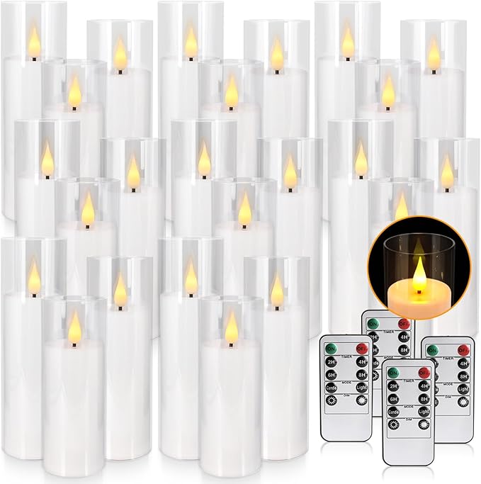 Flickering Flameless LED Candles, 24 Pcs Battery Operated Acrylic LED Pillar Candles with 4 Remote Controls & Timer Function - Safe for Home, Wedding, Outdoor Decor, Halloween, Christmas Party.