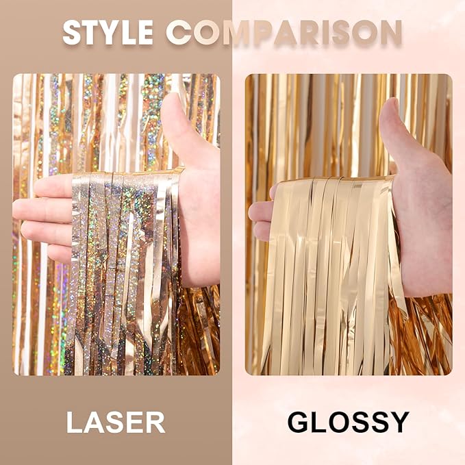3 Pack 3.3 x 8.2 ft Laser Champagne Foil Fringe Backdrop Curtains, Tinsel Streamers Birthday Party Decorations, Fringe Backdrop for Graduation, Baby Shower, Gender Reveal, Disco Party