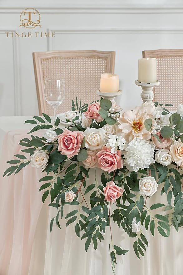 TINGE TIME Artificial Sweetheart Flower Swag with Table Cloth and Table Runner, Pack of 3 Floral Arrangement for Wedding Sweetheart Table Centerpiece Decoration (Dusty Rose & Champange)