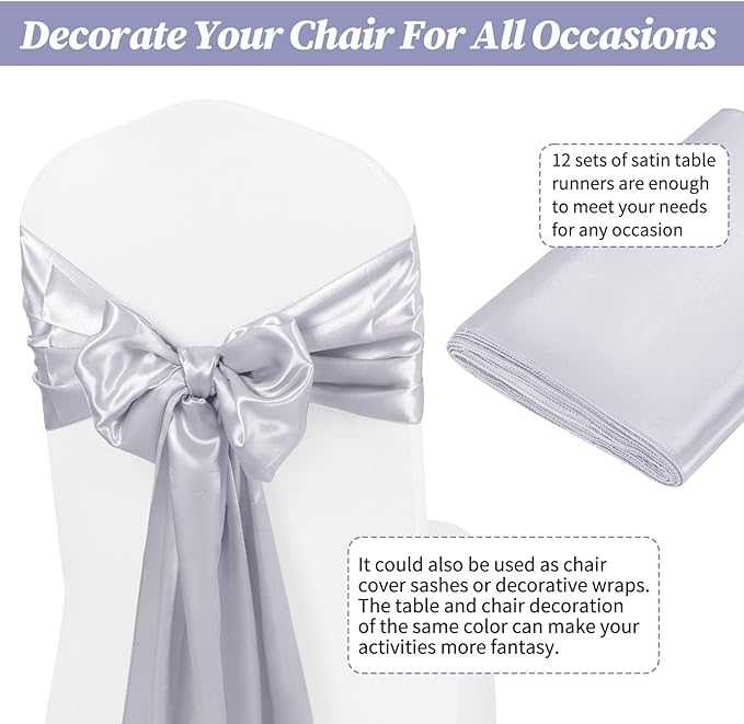 12 Pack Silver Satin Table Runner,12 x 108 inch Long Premium Smooth Table Runner for Wedding, Banquets, Birthday, Party, Graduation, Engagements, Table Runners fit Rectangle and Round Table