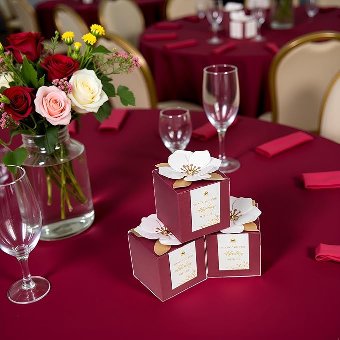 FEIYI 20 PCS Burgundy Gift Boxes, 3 In 1 Favor Boxes with Floral Decor, White Thank You Tags Cupcake Containers Gift wrapping for Wedding, Baby Shower, Birthday, Decorations Party - 3.55x3.55x3.55