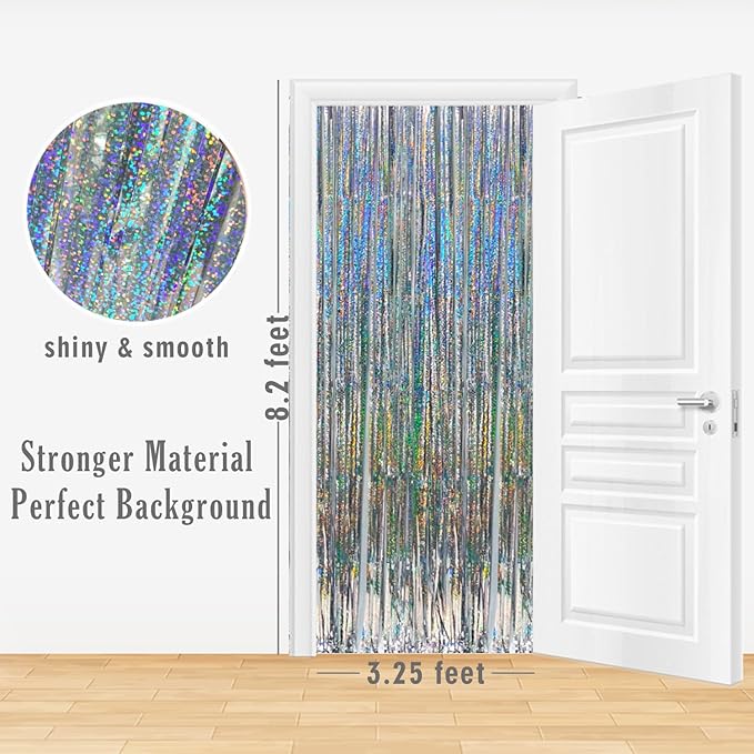 GOER 6.4 ft x 8.2 ft Metallic Tinsel Foil Fringe Curtains,Pack of 2 Party Streamer Backdrop for Birthday,Graduation Decorations and New Year Eve (Shiny Silver)