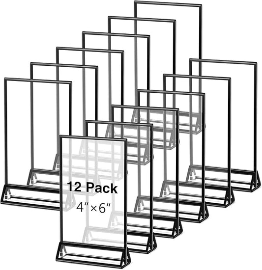 12 Pack Acrylic Sign Holders with Black Border Table Sign Number Holders Double Sided Clear Frame for Wedding Restaurant Picture Centerpiece Party Anniversary(4 x 6 Inch)(4 x 6 Inch)