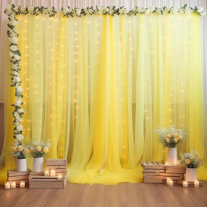 20×10ft Yellow Tulle Backdrop Curtain with Lights String for Parties, Sheer Photo Backdrop Curtains for Wedding Party Photography Background