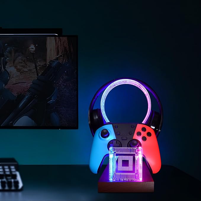 YuanDian Gamer Gifts for Teenage Boy, Desk Gaming Headset and Controller Stand with Blue Pink LED Night Light, Acrylic Wooden Controller Holder with PCB Pattern, Desk Decor Gift
