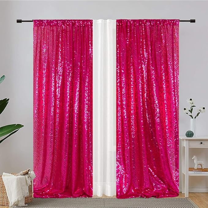 Eternal Beauty Hot Pink Sequin Backdrop Curtains, Valentine's Day Shimmer Back Drop 2Panels-2FTx8FT for Christmas, Party, Birthday, Photography, Wedding, Baby Shower Event Decoration