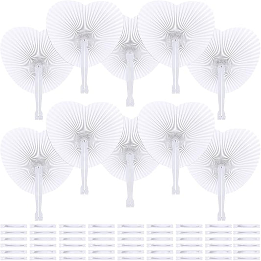Aodaer 72 Pack Heart Shaped Folding Fans White Paper Fans Handheld Fans with Plastic Handles for Party, Wedding, Anniversary Decoration