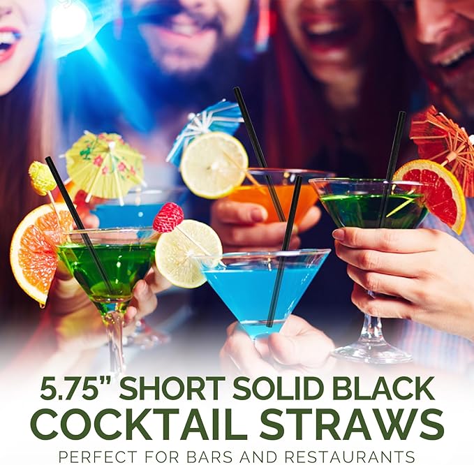 [500 Bulk] 5.75 inch Black Short Paper Straws, Stir Straws for Cocktail, Coffee, Mixed Drinks - Home, Bar and Restaurant Straws - 100% Biodegradable