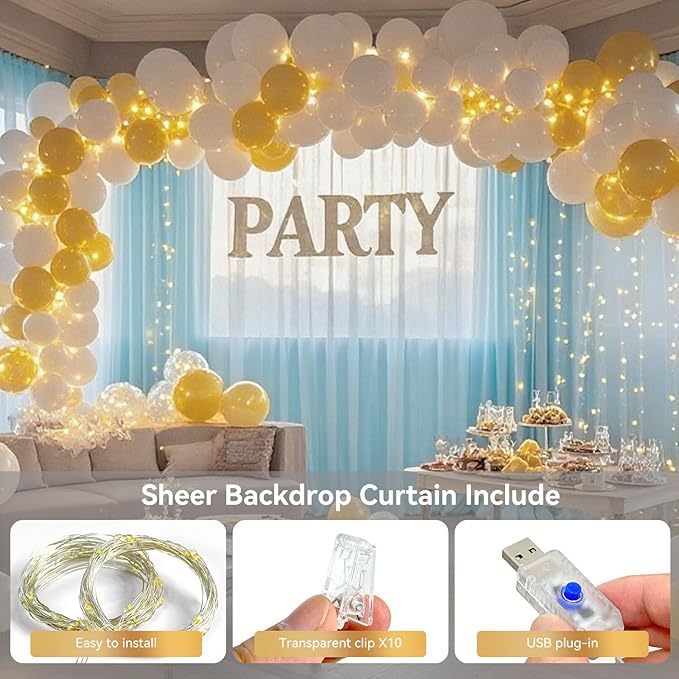 10×10ft Tulle Backdrop Curtains with Lights String - 300LED Fairy Lights Sheer Curtain Backdrop for Weddings Baby Shower and Birthday Party Decorations(4 Panels 5×10ft)