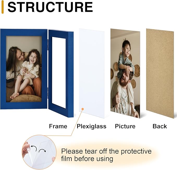 decorUhome Double 4x6 Picture Frame Vertical, Engineered Wood Bifold Photo Frame with Plexiglass for Tabletop Display, 4x6, Royal Blue