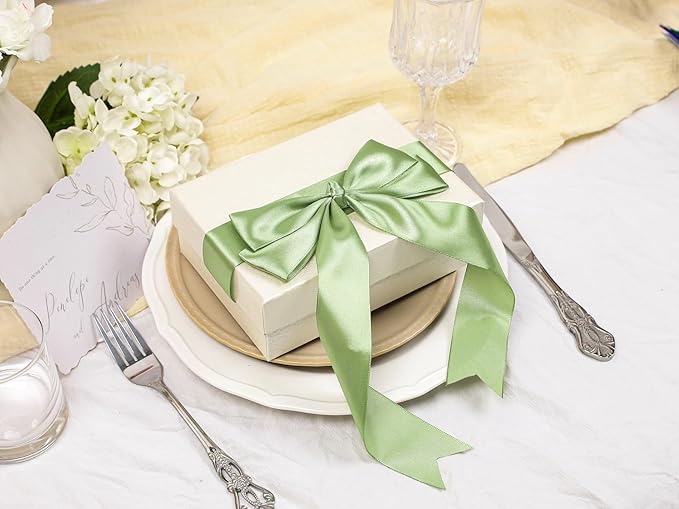 Sage Green Satin Ribbon 1-1/2 inch X Continuous 25 Yards, Single Face Polyester Ribbon Perfect for Gift Wrapping, Flower Bouquet, Wedding Decor, Crafts, Bow Making, Sewing and More