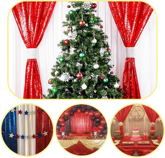 SquarePie Sequin Curtain Backdrop 2FT x 8FT Red 2pcs Background for Wedding Party Christmas