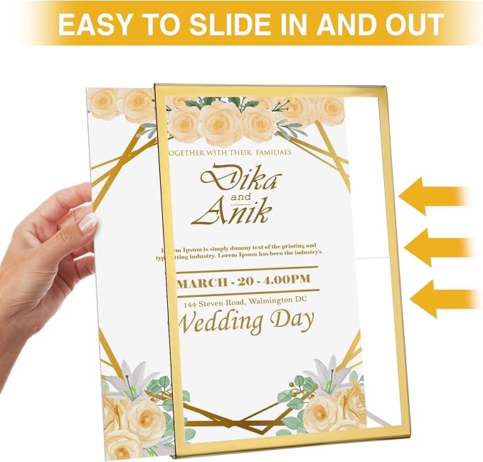 EHWINE 12 Pack Acrylic Sign Holder 4 x 6, Gold Picture Frame Stand up Table Top Sign Holders, Slanted Back Paper Holder Clear Display Stand Menu Flyer Holder for Wedding Party