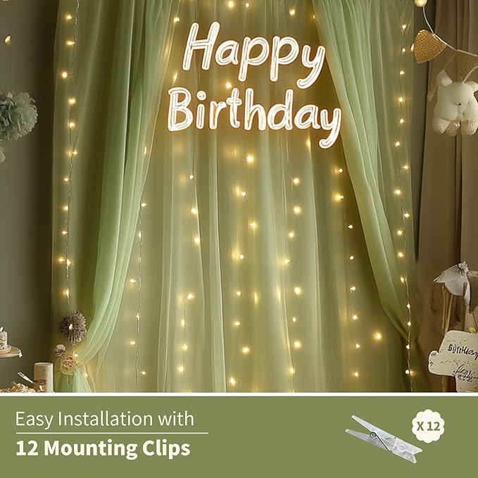Sage Green Tulle Backdrop Curtain with Lights String - 10x10ft Sheer Backdrop with 300 LEDs for Wedding, Baby Shower, Bridal Shower, Birthday Party Photo Shoot Background and Home Decorations