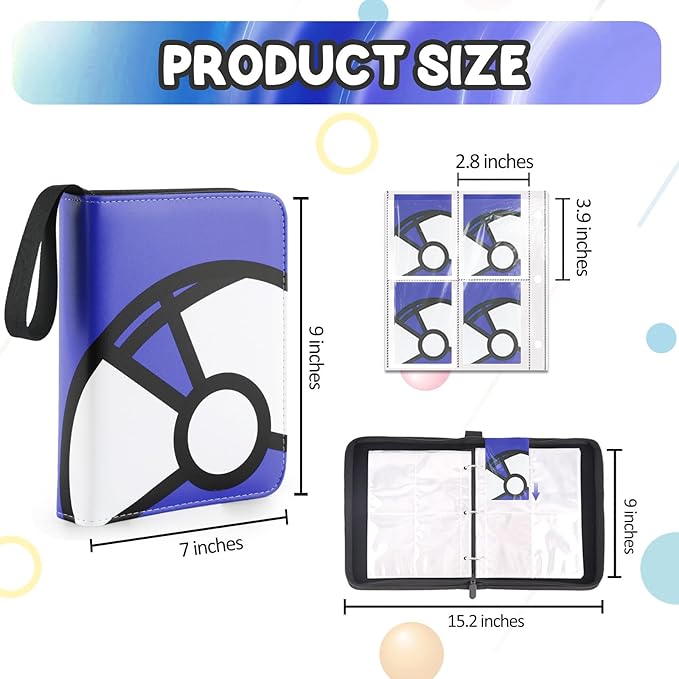 Trading Card Binder 4-Pockets, 400 Pockets Card Holder with 50 Removable Sleeves, Large Capacity & Waterproof Zipper Album Holder for Trading Card Collector, Portable Card Album Book for Card-Blue