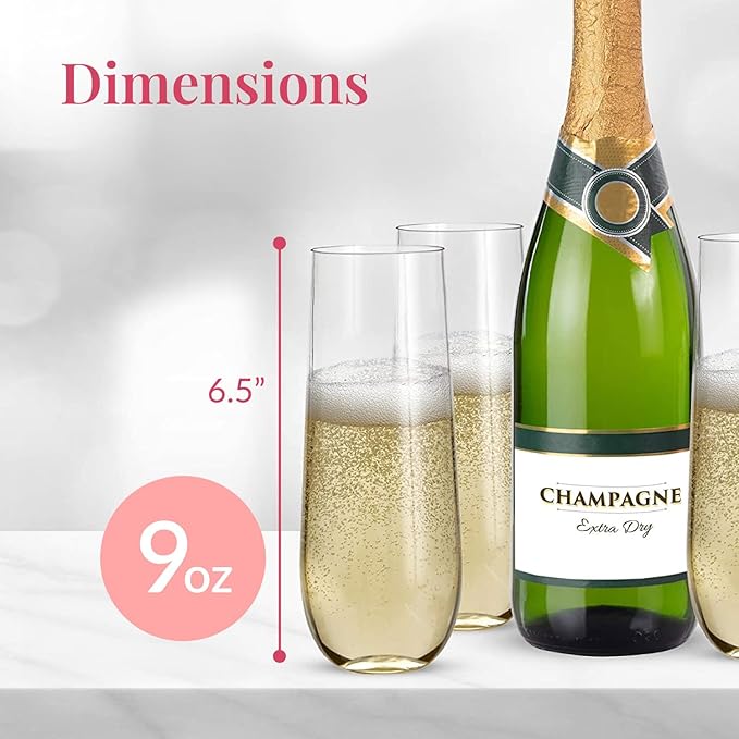 Prestee 24-Pack Stemless Plastic Champagne Flutes - 9 oz Clear Disposable Glasses for Wine, Cocktails, Mimosas - Champagne Flutes Plastic for Parties and Celebrations