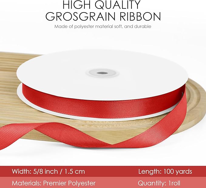 100 Yards 5/8 inch Grosgrain Ribbon, Solid Color Fabric Ribbon Perfect for Gift Wrapping, Wedding, Handmade Bows, Floral Bouquets and Party Decoration(red)
