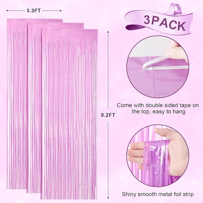 3 Pack 3.3 x 8.2 ft Pastel Purple Foil Fringe Backdrop Curtains, Tinsel Streamers Birthday Party Decorations, Fringe Backdrop for Graduation, Baby Shower, Gender Reveal, Disco Party