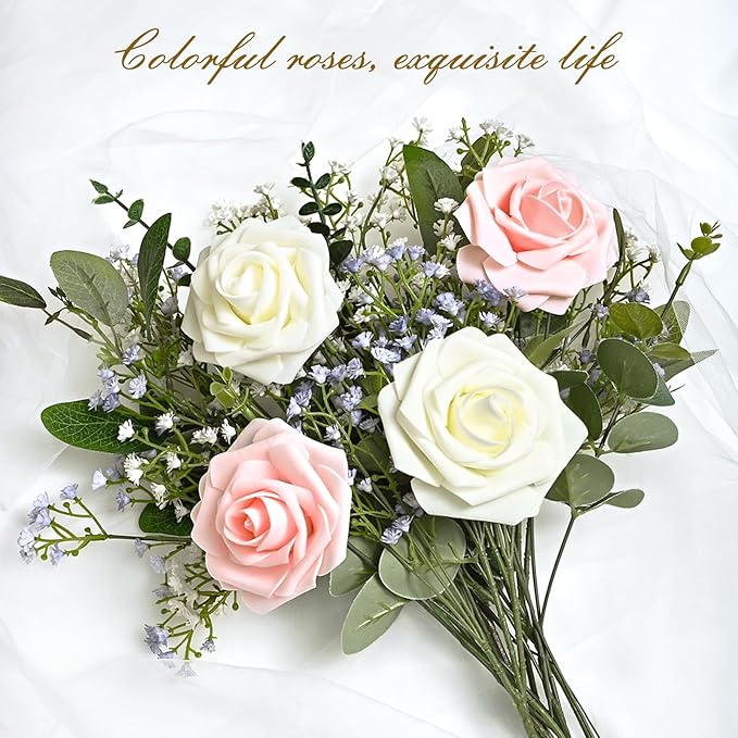 BLEUM CADE 16Pcs Artificial Flowers Fake Roses with Stems, Ivory White Boxed Foam Roses for DIY Bouquets Centerpieces Wedding Party Arrangement Bridal Shower Decor