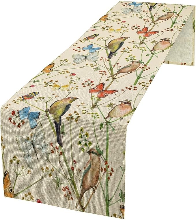 Brown Bird Floral Table Runner Spring Flower Kitchen Table Decoration Suitable for Family Dinner Decoration 13x120 Inch
