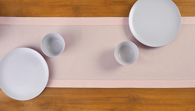 Solino Home Pink Table Runner 60 Inches - Cotton Linen Hemstitch Coffee Table Runner 14 x 60 Inch Ideal for Dresser Tables - Fall, Autumn, Halloween, Thanksgiving, Christmas
