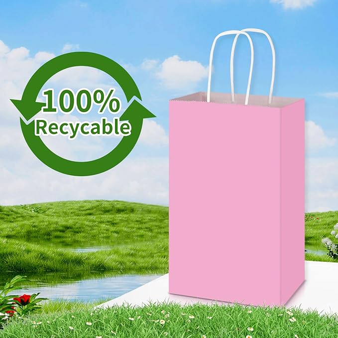 Toovip 50 Pack 5.25x3.25x8.25 Inch Small Light Pink Kraft Paper Bags with Handles Bulk, Gift Wrap Bags for Favors Grocery Retail Party Birthday Shopping Business Goody Craft Merchandise Take Out Sacks