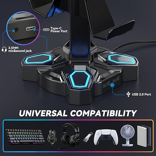 KDD Gaming Headphones Stand, Rotatable Headset Stand with Light Modes - Controller Holder with 2 USB Charging Ports and 3.5mm - Earphone Hanger Accessories for Desktop Gamer(Black)