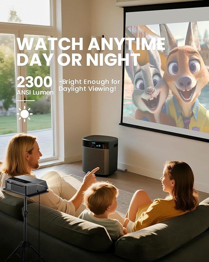 Smart 4K Projector Movie Gaming Karaoke TV, 2300 ANSI High Brightness Ultra HD Proyector Indoor Daylight, NFC, Auto Focus, WiFi 6, Bluetooth, DSP Audio, HDMI, Outdoor Home Theater/Bright Room, 2025